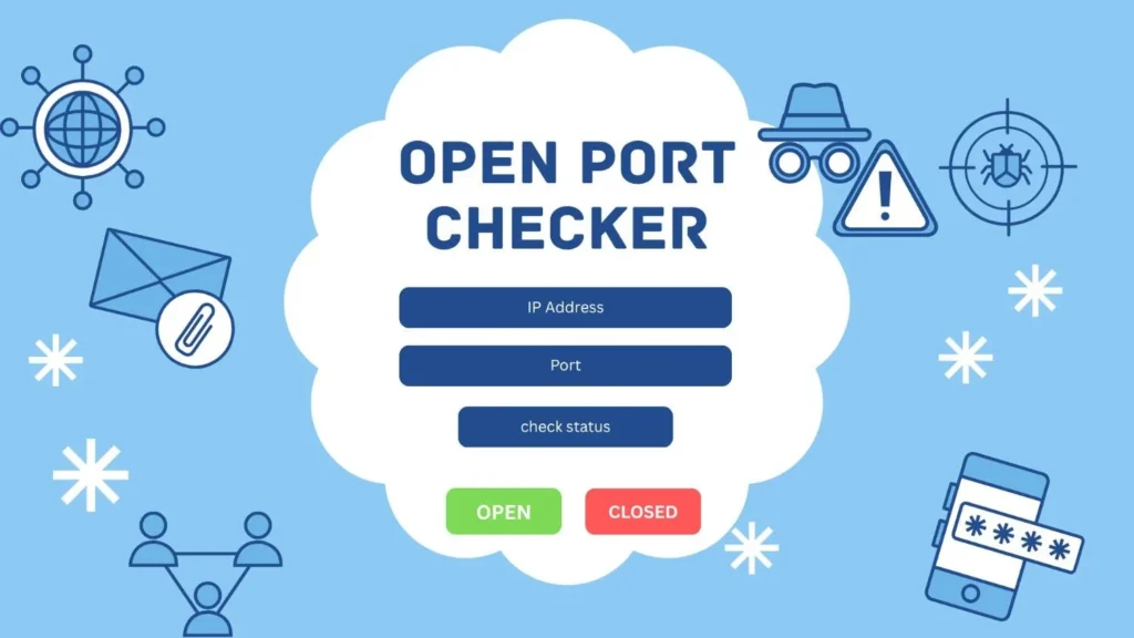 Open port checker tool showing IP address and port input with open and closed status result